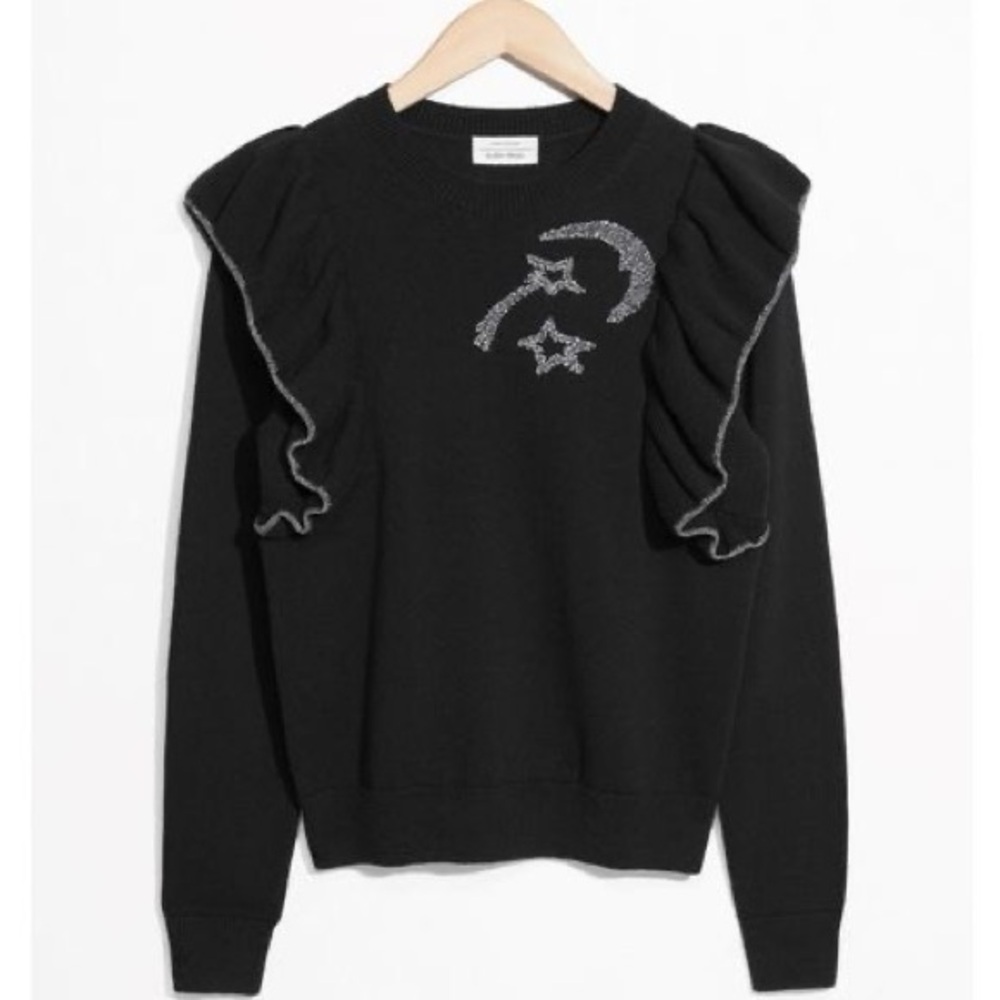 & Other Stories Black Sweater with Ruffle and Cellestial Design